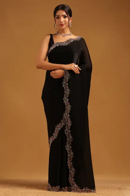 black fendy organza solid sarees with stone work